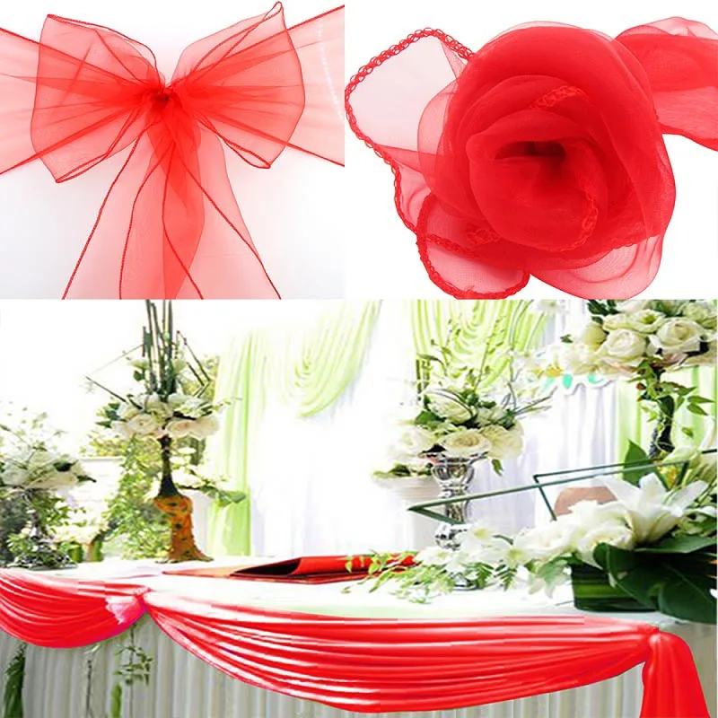 red 1 компл. 50 шт. органзы Председатель Пояса Лук Обложка и 1 шт. 5 м* 1,35 м sheer органза добычу ткань diy для свадеб События и вечерние украшения - Цвет: red