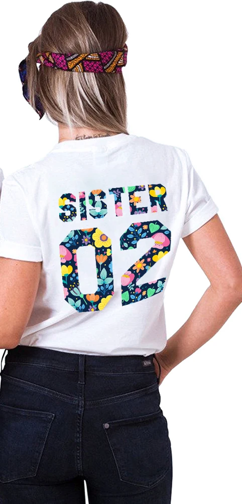 Sister 01 02 BFF Letter Flower Print Tshirt Short Sleeve Tumblr Tee Women T-shirts Best Friends T-shirt Femme Summer Top | Женская