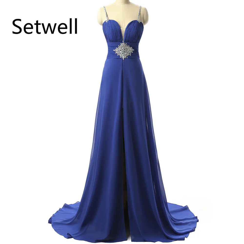 

Setwell 2017 Sexy Split Spaghetti Backless Evening Dresses Elegant Royal Blue Evening Gowns High Quality Chiffon Evening Dress