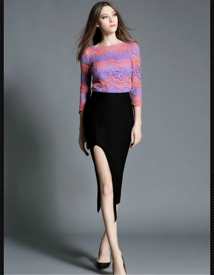 Миди длинные офисные раздельные черные юбки женские Асимметричные кромки с