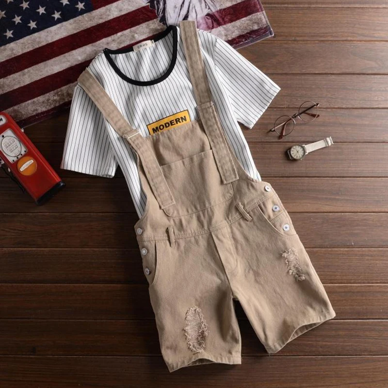 Мужской комбинезон в обтяжку на бретелях Sokotoo до колен из рваного денима