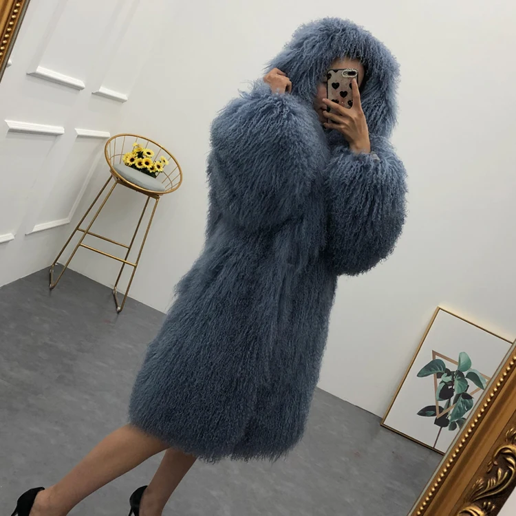 Women real mongolian sheep fur coat hooded o-neck medium long beach wool outerwear winter sheepskin overcoat female | Женская одежда