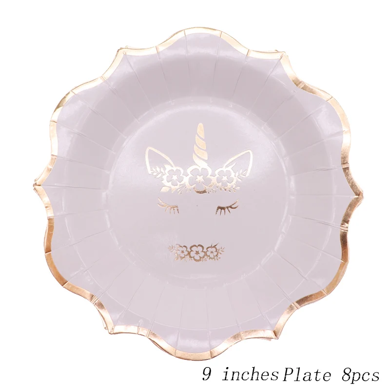Plate 8pcs Единорог золочение алюминиевой фольги картонная тарелка украшения одноразовые посуда обеденные салфетки торт Свадебная вечеринка поставки - Цвет: Plate 8pcs