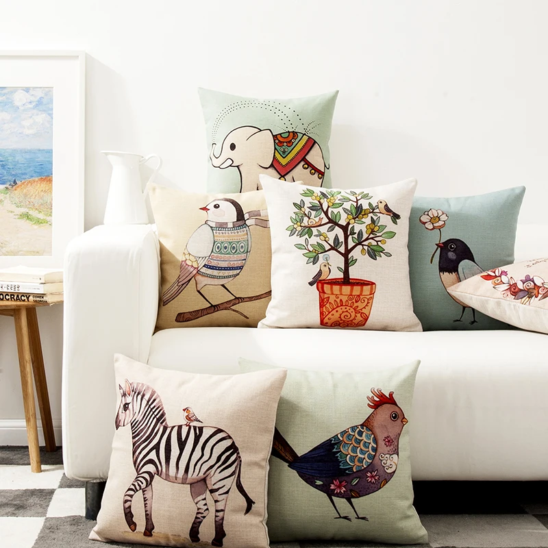 Скандинавские подушки с зебрами и птицами для поясницы слона льняная наволочка