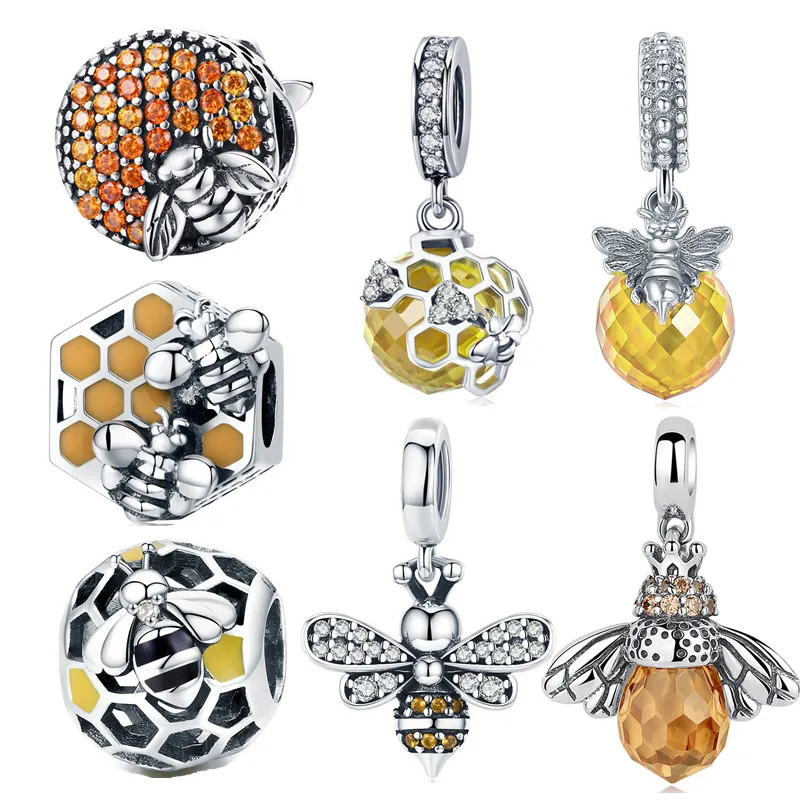 INBEAUT 100% 925 пробы серебристо желтый эмалевый Шарм Honeybee круглый коричневый