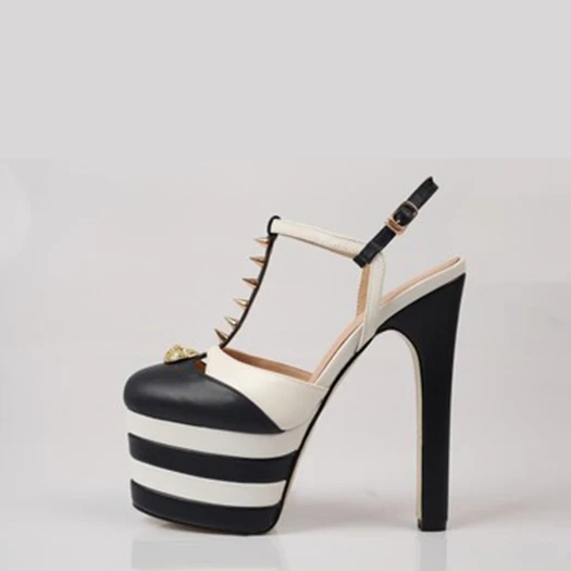 black striped Босоножки с круглым носком; черные туфли-лодочки в готическом стиле; фирменные туфли-лодочки с открытым Т-образным ремешком; женские туфли-стилеты из змеиной кожи; Туфли на очень высоком каблуке 15 см с заклепками - Цвет: black striped