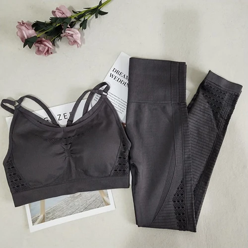Coffee 2pcs set Цветной комплект из 2 предметов для йоги, Женский бесшовный спортивный бюстгальтер, топ для тренировок, мягкий бюстгальтер пуш-ап для йоги с леггинсами для спортзала, костюмы для фитнеса, комплект для тренировок - Цвет: Coffee 2pcs set