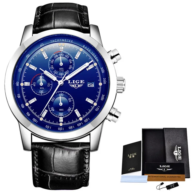 leather silver blue Новинка, LIGE, мужские часы, Топ бренд, Роскошные, кожа, повседневные, кварцевые, наручные часы, мужские, военные, спортивные, водонепроницаемые часы, Relogio Masculino - Цвет: leather silver blue