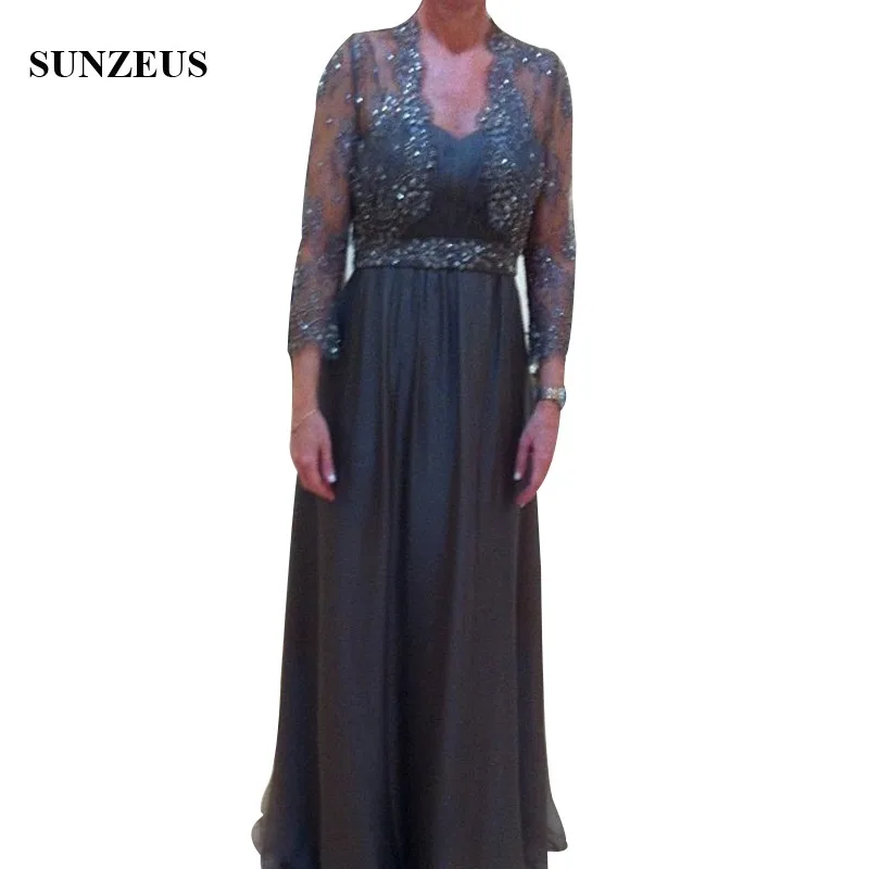 

A-line Spaghetti Straps Sweetheart Long Chiffon Mother Of The Dress With Lace Long Sleeves Jacket Beaded Groom Mother Gown Party