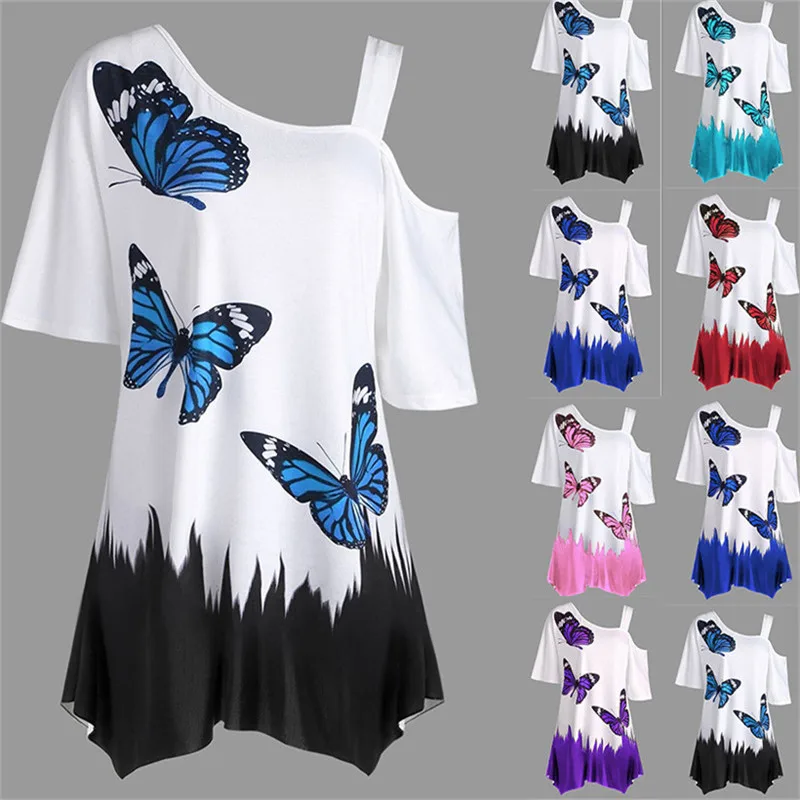 

2021 Summer Women Casual T-Shirts Butterfly Printed Tee One Shoulder Irregular Top Female Big Plus Size Loose Tee Tops S-5XL