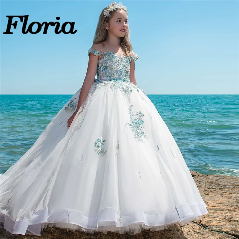 

Newest Blue Lace Appliques Flower Girls Gowns Vestidos deminha Kids Pageant Dresses First Communion Dresses For Weddings 2018