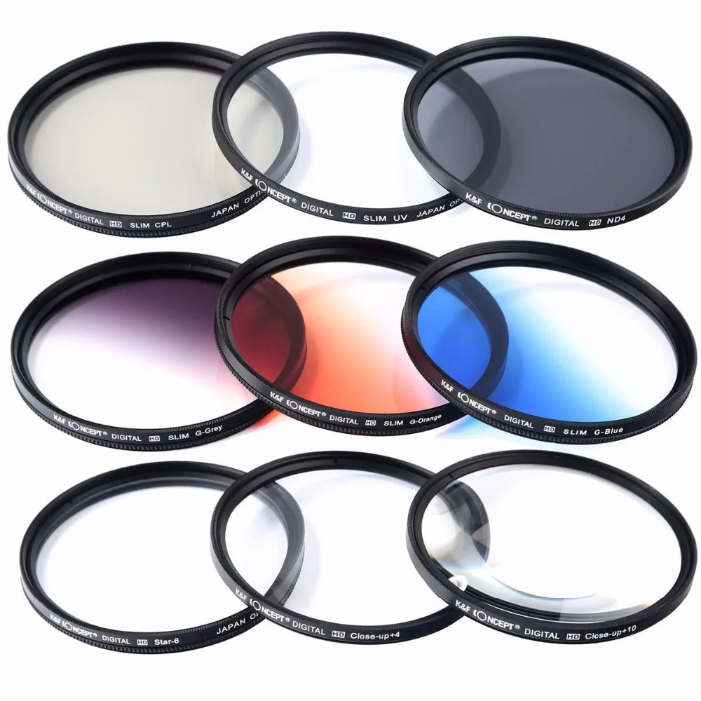 K& F CONCEPT 52/55/58/62/67 77 мм UV CPL ND4 макрофильтр Клоуз-ап со степенью приближения+ 4+ 10 Градуированный Цвет фильтр комплект серый синий оранжевый+ 6 звездообразных для Камера