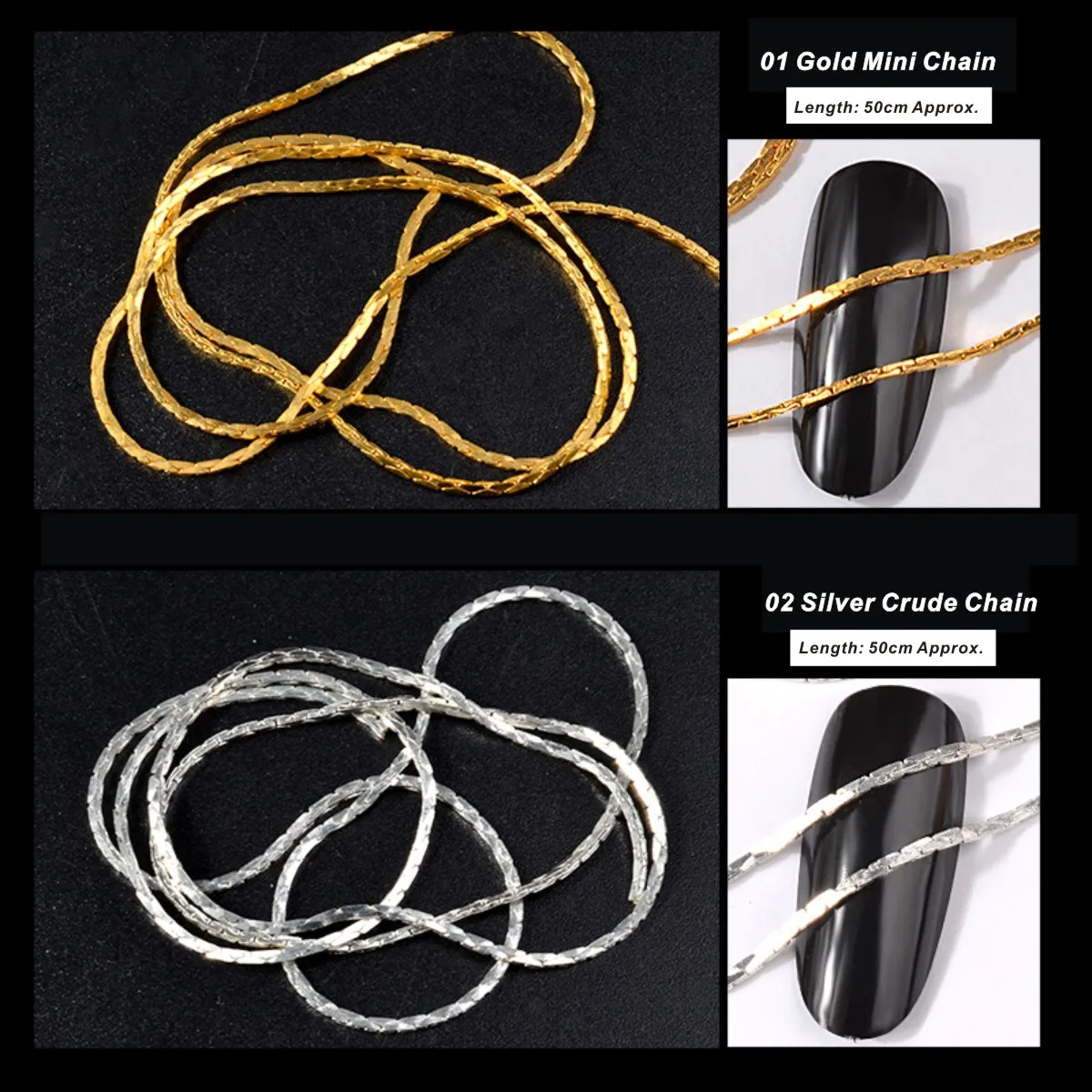 4 шт./лот 3D японская Золотая Серебряная металлическая цепочка для ногтей Мини DIY