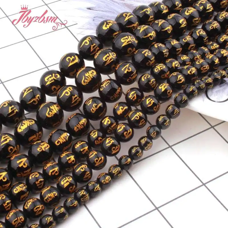 6 8 10mm Round Black Mantra Mala Buddha Agates Natural Stone Beads For DIY Necklace Bracelets Jewelry Making 15" Free Shipping |