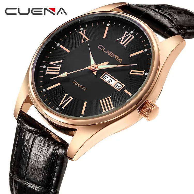 rose black CUENA, мужские кожаные часы, кварцевые часы, модные, простой дизайн, для мужчин, 30 м, водонепроницаемые, простые, с календарем, часы, relogio masculino - Цвет: rose black