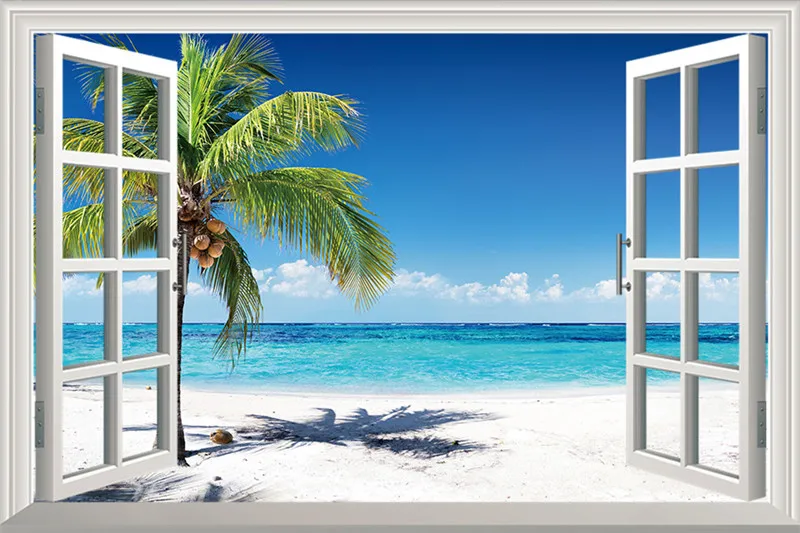 Beach Palms Wall Decal 3D Window Open View Sticker Seascape Islands Mural Sun Shine Vinyl Home Decor 50x75cm | Дом и сад