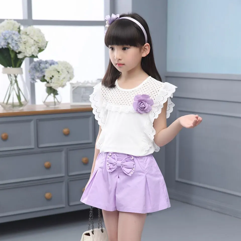 New Baby Girls Fashion 2 Pieces Tops +Shorts Children's Clothes With Small Flower Style Summer Age 3 -12 Years | Детская одежда и