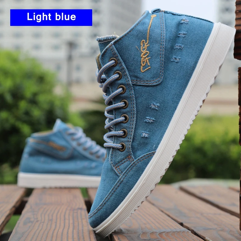 002Light blue Модная Джинсовая парусиновая Мужская обувь; кроссовки; Мужская обувь; повседневная обувь с высоким берцем; мужская летняя дышащая обувь на плоской подошве; chaussure homme - Цвет: 002Light blue