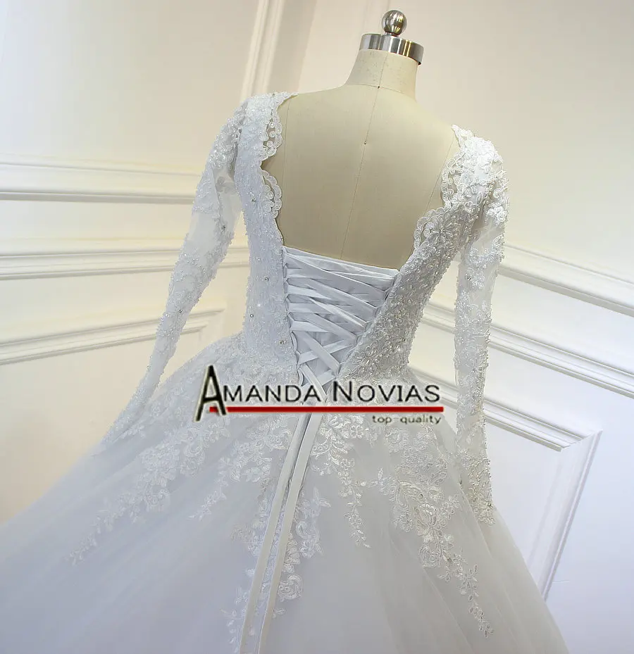 Свадебное платье с длинным рукавом Amanda Novias кружевное бальное аппликацией 2019|ball