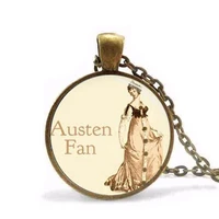 steampunk jane austen necklace literary jewelry austen fan glass cabochon necklace pendant emma chain