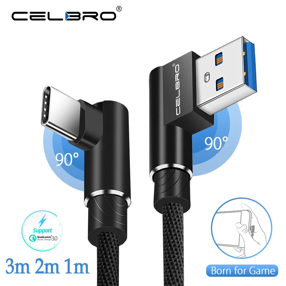 90 градусов Тип usb C Зарядное устройство кабель 3 м длиной 2 Usb шнур для мобильных игр