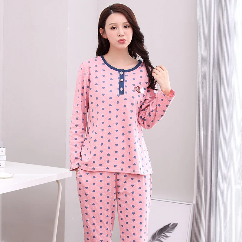 Женские пижамные комплекты весенне осенняя Пижама с круглым вырезом и узором в