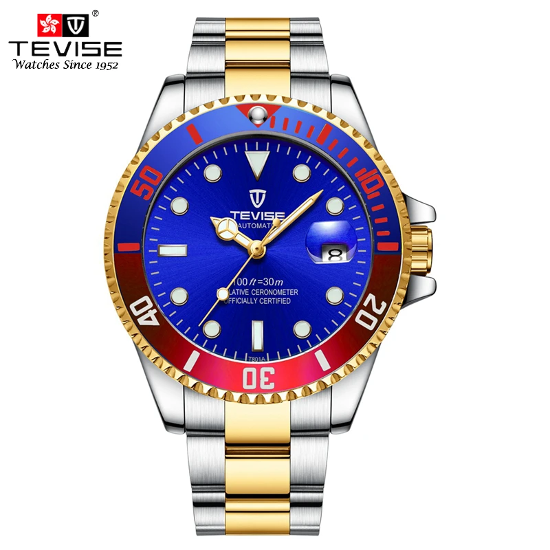 Автоматические часы TEVISE мужские Золотые механические из нержавеющей стали с