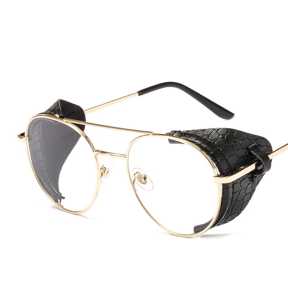 C6Gold Clear Модные Винтажные Солнцезащитные очки в стиле стимпанк для мужчин и женщин, с кожаным боковым покрытием, фирменный дизайн, металлические солнцезащитные очки в стиле панк, UV400 - Цвет линз: C6Gold Clear