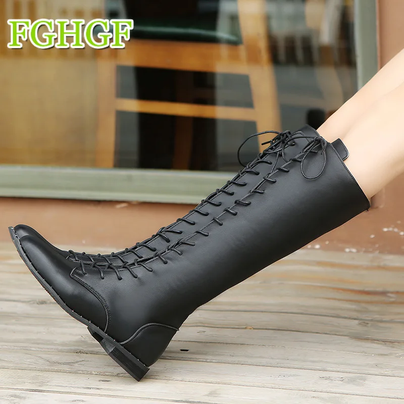 Большой Size35-43 Сапоги до колена на шнуровке Для женщин осень из мягкой кожи
