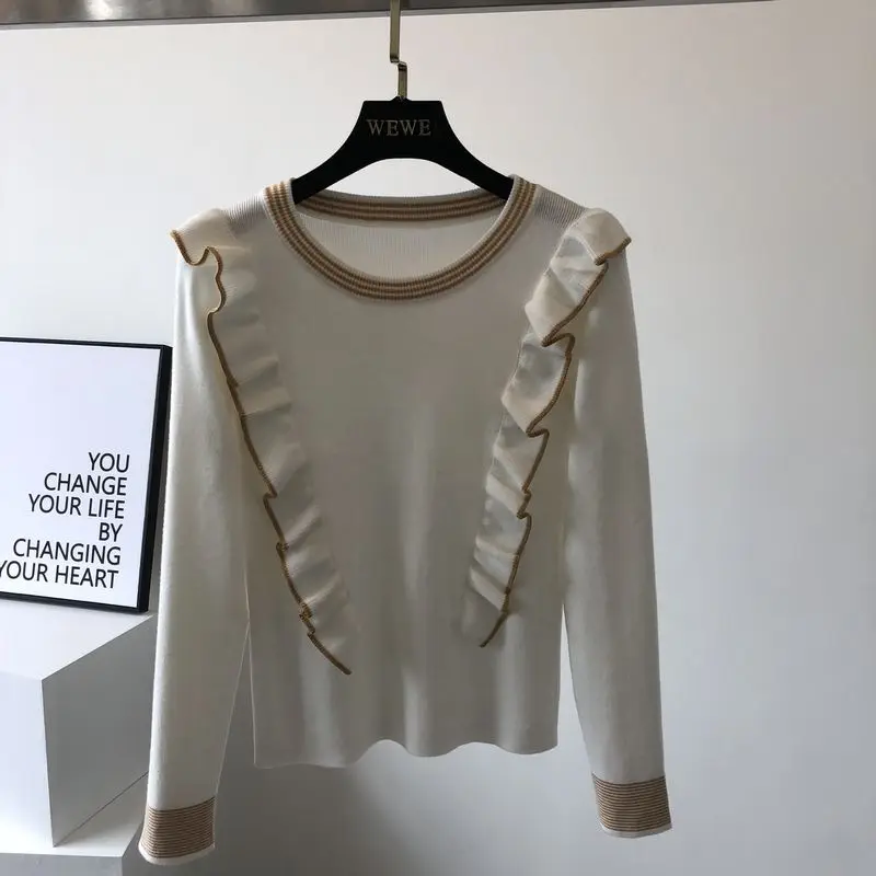 Белый ALPHALMODA милые плиссированные джемперы с оборками, вязаный свитер в полоску, пуловеры в консервативном стиле, зимняя одежда для женщин, облегающая женская одежда - Цвет: Белый