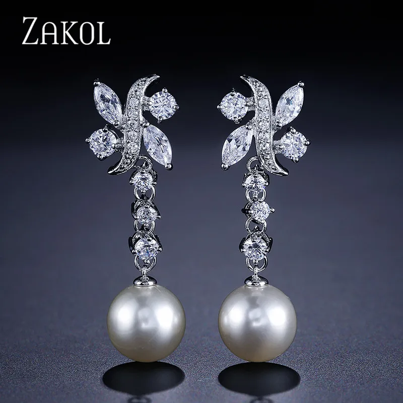 Женские серьги капельки ZAKOL с искусственным жемчугом и кубическим цирконием