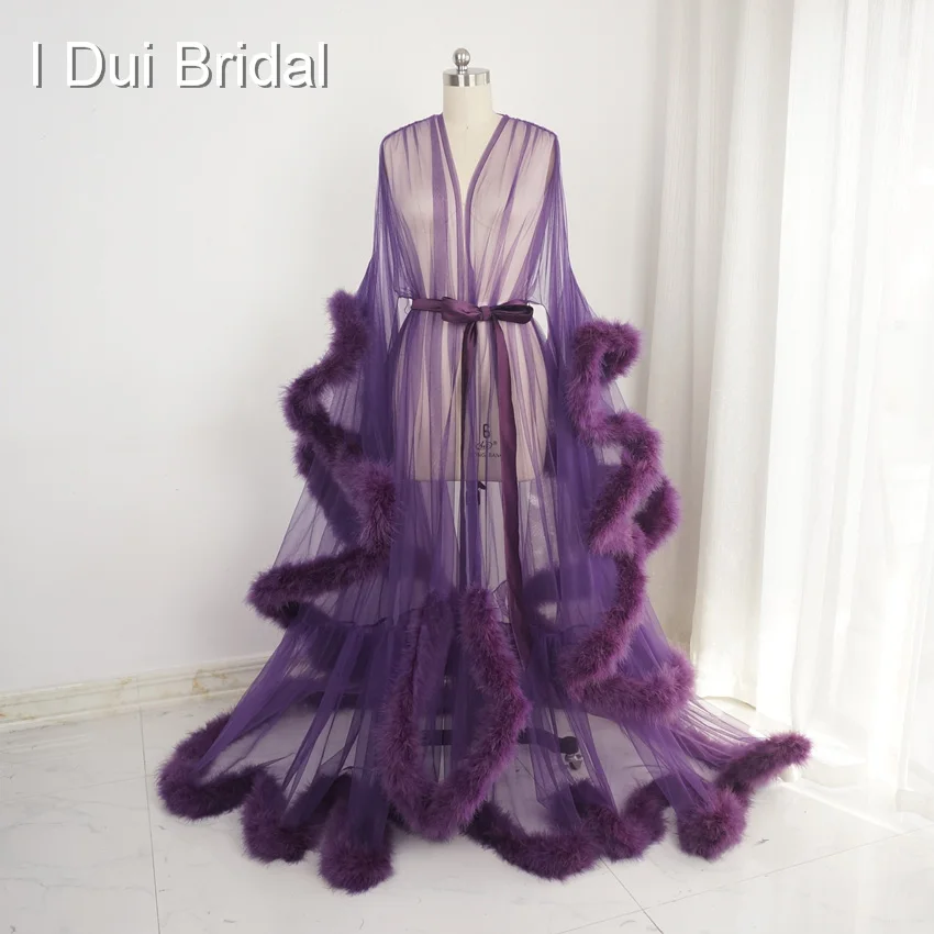 dark purple Фуксия перо Тюль вечернее платье с длинным рукавом халат шарф вечерние платья школа танец платье - Цвет: dark purple