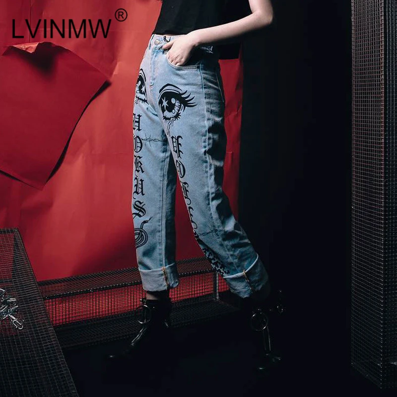 LVINMW модные женские джинсы с принтом в виде букв и глаз крутые прямые светильник