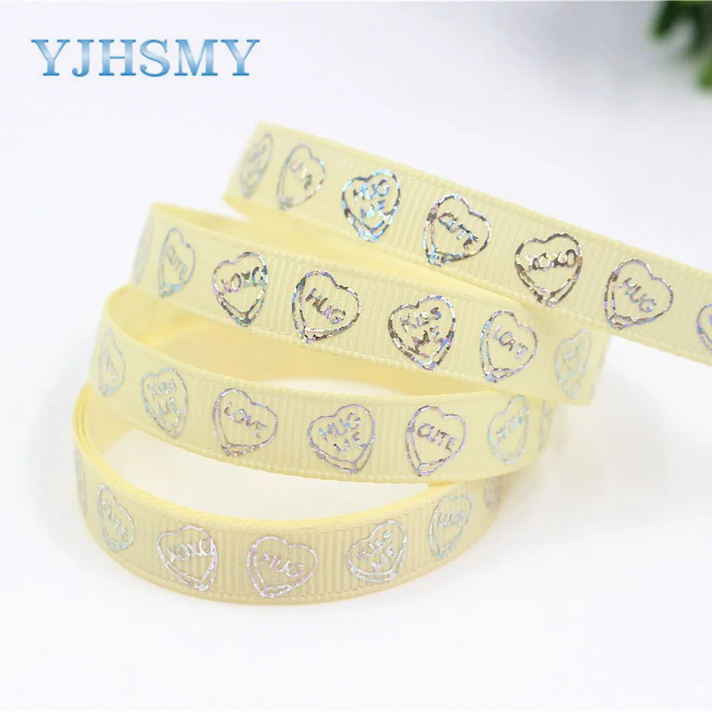 YJHSMY G-18609-369 10 мм ярдов Лазерная Серебряная в форме сердца любовь печать grosgrain лента
