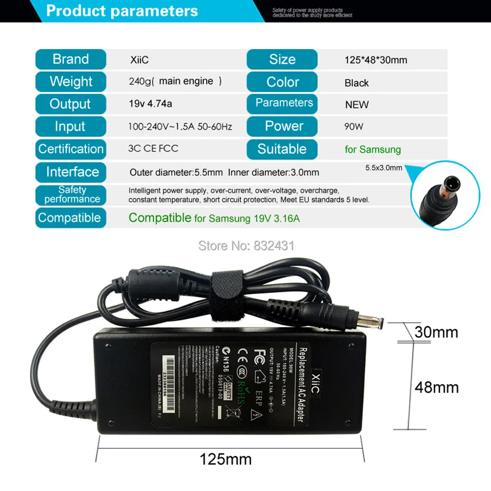 Xiic 19 V 4.74A ноутбук адаптер переменного тока для SAMSUNG R540 R530 510 R580 R428 R720 R520 R522 R65 Тетрадь Зарядное устройство переменного тока 5,5*3,0 мм