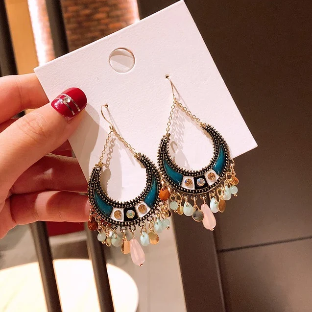 Big bohemian indian ethnic dangle earrings blue long tassle boho vintage for women large oversize jewelry gift party | Украшения и