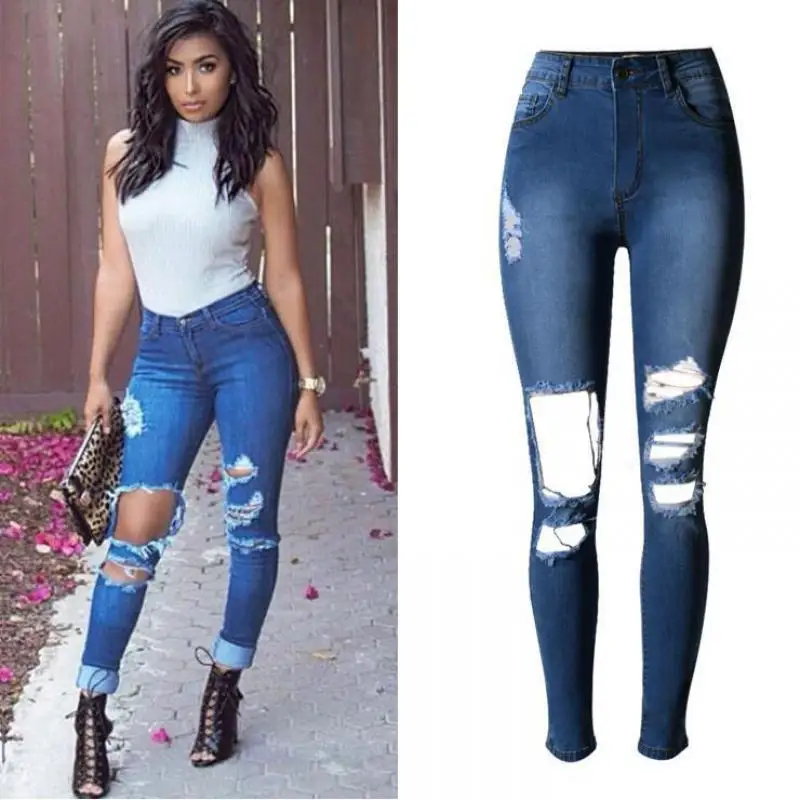 Новые Высокой Талией Джинсы Стрейч Личность Отверстие Тонкий Брюки Размер