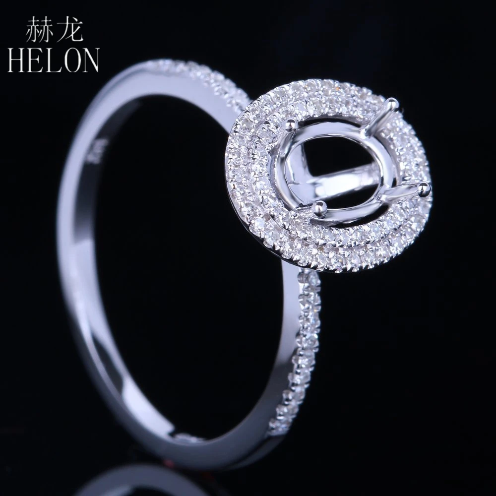 HELON Solid 14 К белого золота безупречный овальным вырезом 7x5 мм полу крепление Юбилей тонкой кольцо Pave Природный diamond Обручение обручальное кольцо