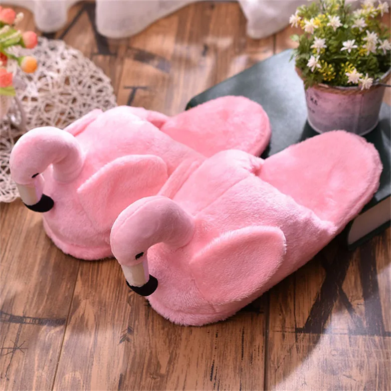 slippers-pink LIN KING/Милая домашняя обувь с рисунком Фламинго; женские и мужские теплые зимние домашние тапочки с животными; домашние тапочки унисекс для влюбленных; хлопковая обувь - Цвет: slippers-pink