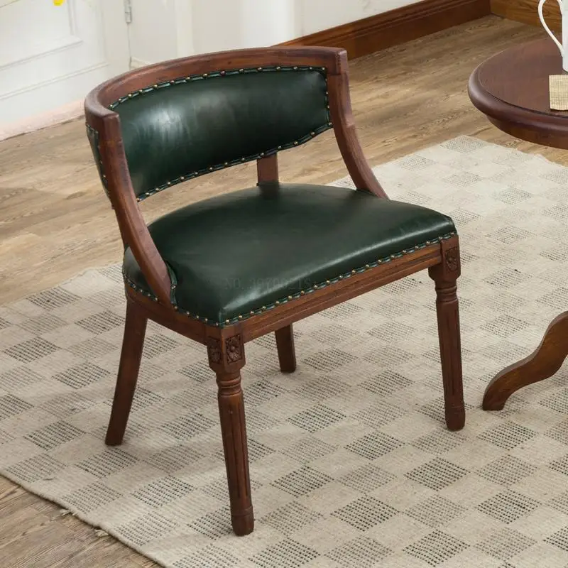 2 American country dining chair European retro old leather fabric dining chair solid wood antique book chair coffee leisure chair - Цвет: 2