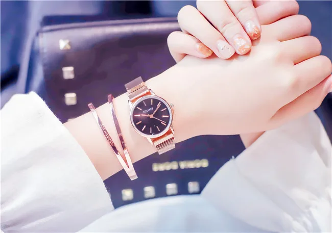 Ulzzang Роскошные Брендовые женские часы из розового золота с сеткой из нержавеющей стали, магнитные женские часы-браслет, модные женские наручные часы