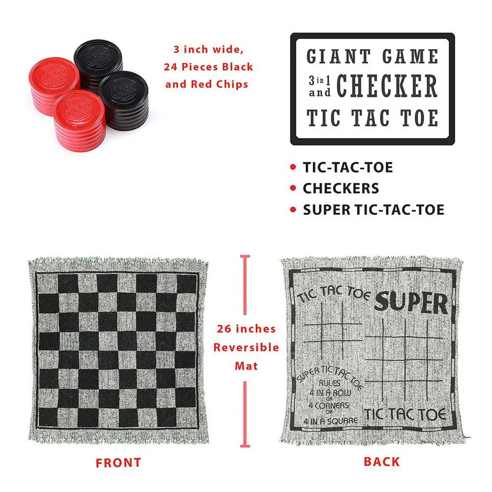 Настольный коврик Giant 3 в 1 шашки Mega Tic Tac Toe с двусторонним ковриком для помещений и