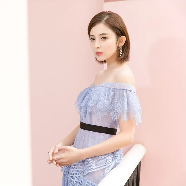 High-end Custom SP 2018 Newest Fashion Blue Women Short Sleeve Slash Neck Party Dresses High Quality Lace Slim Mini Dress | Женская