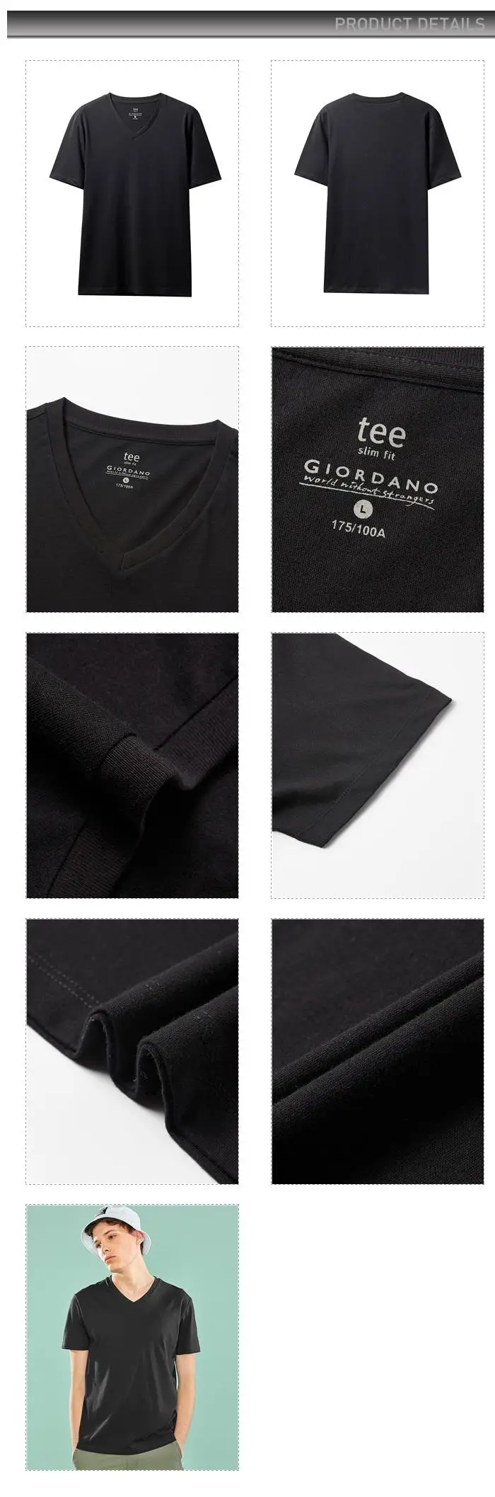 Giordano футболка сплошного цвета с V-образным вырезом slim fit с короткими рукавами,выполнена в нескольких цветах и имеет широкий размерный ряд