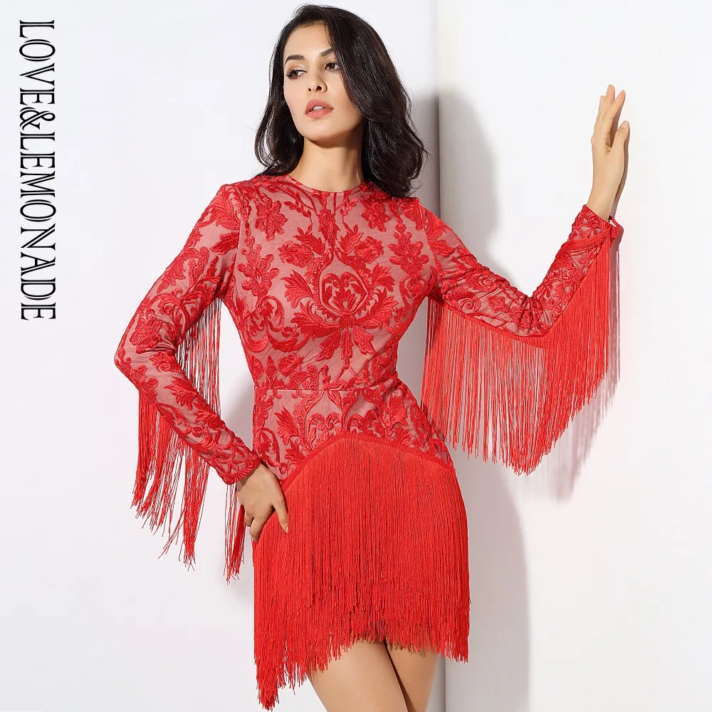 Женское платье с бахромой LOVE & LEMONADE красное/черное/Белое Облегающее Платье из