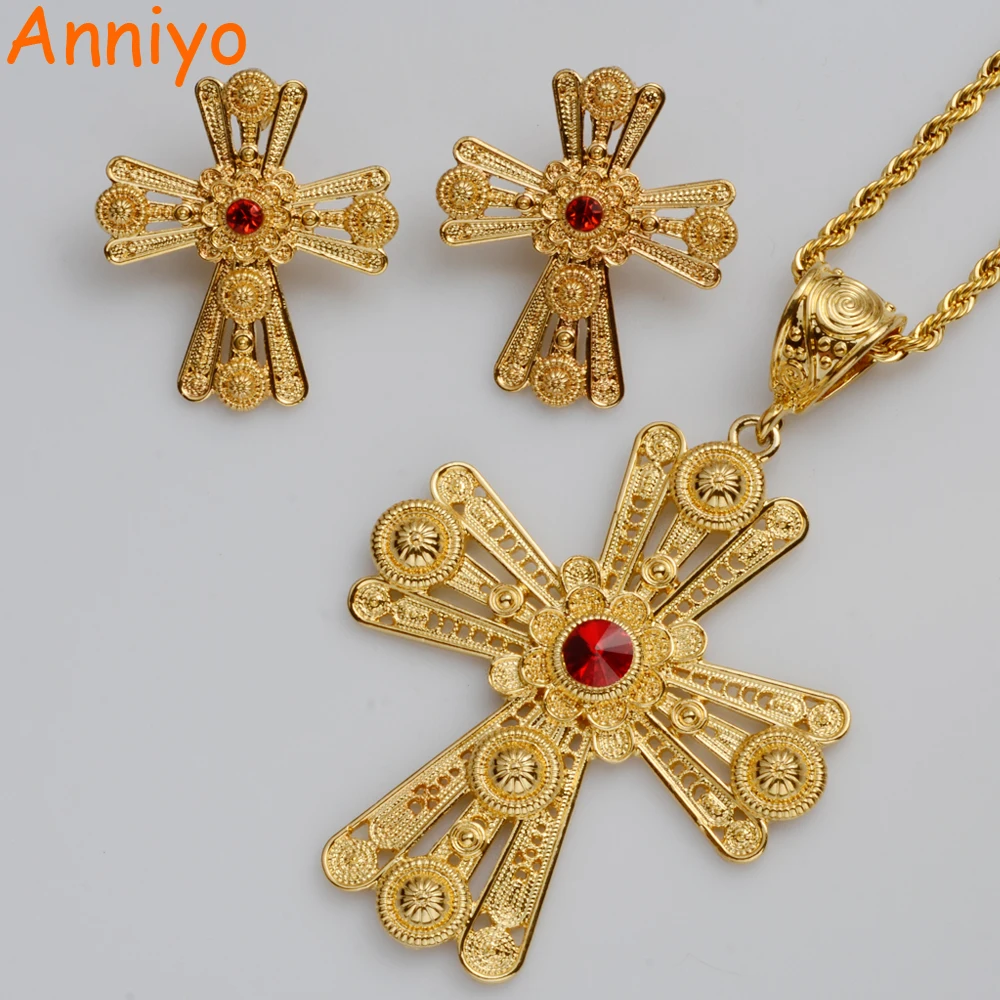 Новый набор украшений Anniyo с эфиопским крестом красный/синий/зеленый камень Habesha