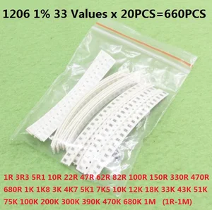 Комплект резисторов 1206 0805 0603 (1R  1M 1%), 33 значения x 20 шт. = 660 шт. в упаковке, набор образцов в ассортименте, 1K 10K 150R 330R 470R 1,8 k 3k 4,7 k 5,1 k