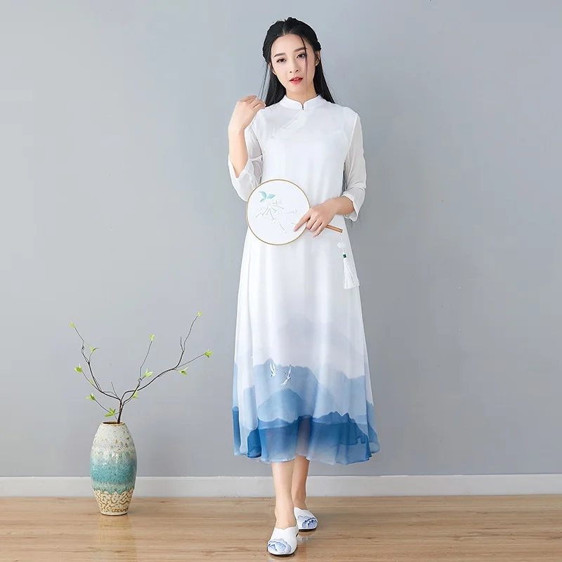 

Plus Size Vintage Women Stand Collar 3/4 Sleeve White Dress Robe Femme Sundress Linen Vestido Chinese Cheongsam AA4651