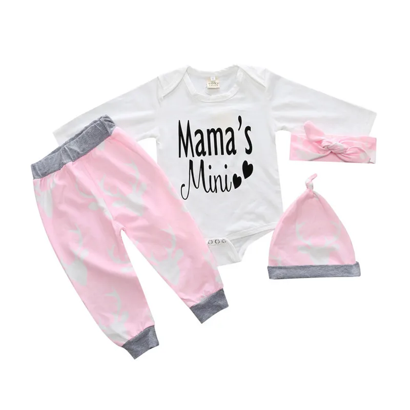 

4pcs Baby Girl Clothes Letters Prined Long Sleeve Cotton Romper+Trousers+Cap+Headband Baby Boy Clothing Newborn Infant Suits