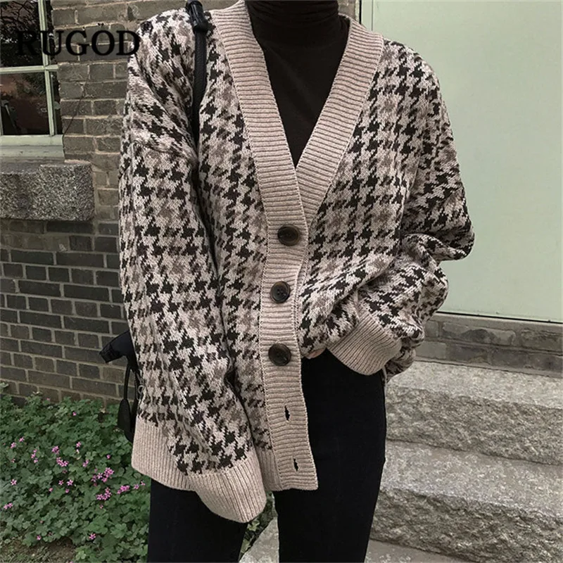 RUGOD винтажные Модные клетчатые женские кардиганы 2018 новые v-образный вырез